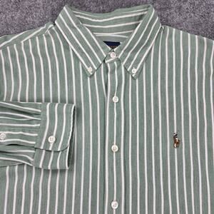 Ralph Lauren Shirt Mens XL Green White Stripe Knit Oxford Button Down Casual